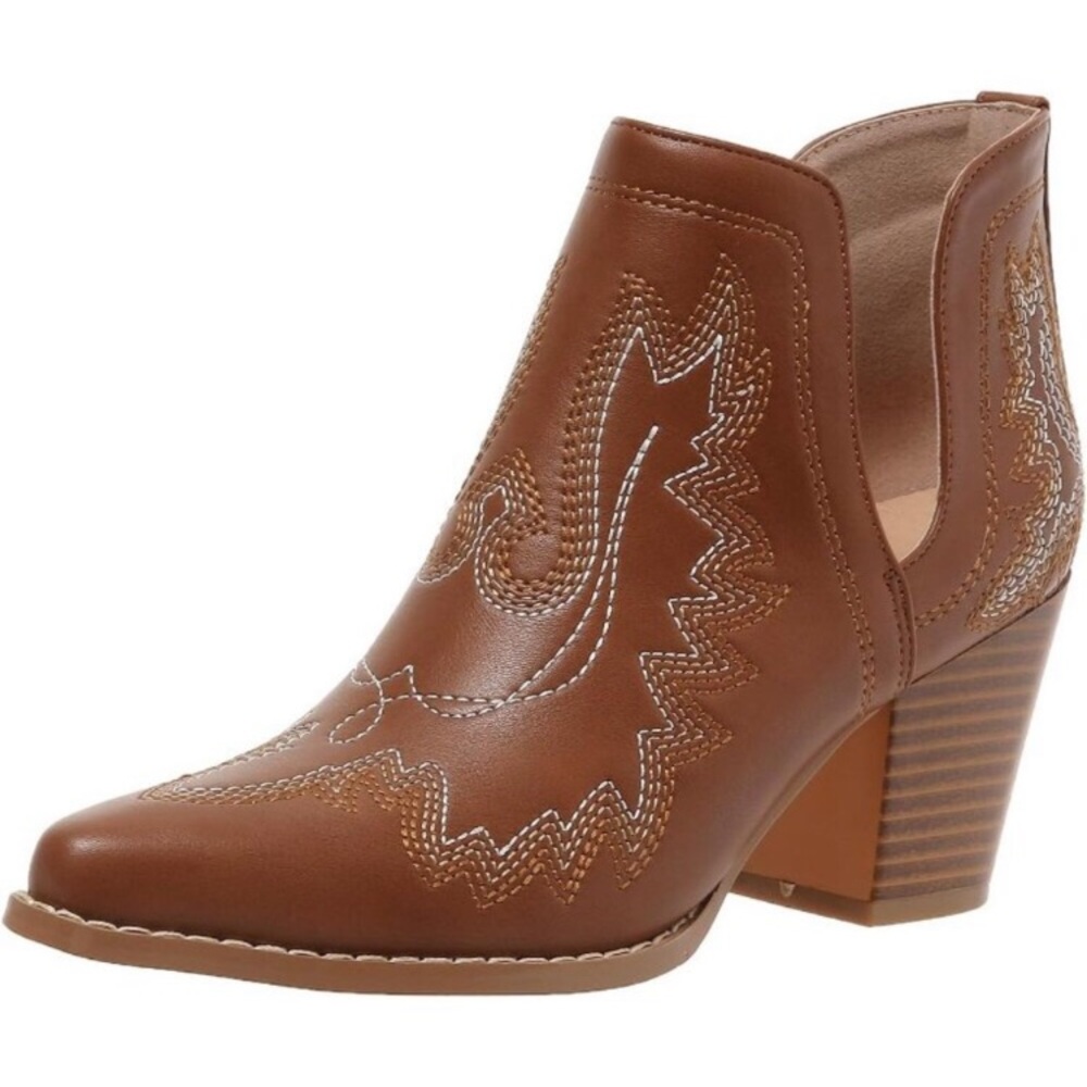 Women's Brown Cowgirl Ankle Western Embroidered Stitched Pointed Toe Chunky Heel